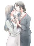  2girls akiyama_haru blush closed_eyes ear_piercing hand_on_another&#039;s_waist highres holding_another&#039;s_wrist imminent_kiss looking_at_another multiple_girls office_lady original parted_lips piercing simple_background yuri 