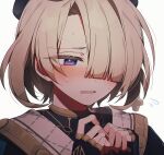  1boy androgynous beret black_headwear black_jacket blonde_hair blush bridal_gauntlets coojisan freckles freminet_(genshin_impact) genshin_impact grey_background hair_over_one_eye hat highres jacket male_focus one_eye_covered open_mouth solo violet_eyes 