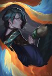  1boy artist_name closed_mouth earrings green_eyes hair_between_eyes hair_over_one_eye highres holding holding_brush hwei_(league_of_legends) jewelry league_of_legends long_hair looking_ahead luhuala male_focus ponytail sidelocks solo upper_body yellow_eyes 