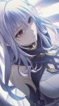  1girl absurdres bare_shoulders breasts butterfly_hair_ornament close-up closed_mouth detached_sleeves doda_vv dutch_angle expressionless genshin_impact grey_hair hair_between_eyes hair_ornament highres long_hair medium_breasts pink_eyes skirk_(genshin_impact) solo upper_body 