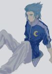  1boy blue_eyes blue_hair blue_jacket closed_mouth commentary_request crescent earrings grey_background grey_pants highres isa_(kingdom_hearts) jacket jewelry kingdom_hearts kingdom_hearts_birth_by_sleep male_focus nishinsobha pants short_hair single_earring sitting spiky_hair 