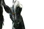  1boy armor arms_behind_back black_coat black_gloves black_wings coat commentary facing_away feathered_wings final_fantasy final_fantasy_vii gloves grey_hair hashtag_only_commentary highres holding holding_behind_back holding_sword holding_weapon katana long_coat long_hair long_sleeves male_focus pauldrons sephiroth shoulder_armor simple_background single_wing solo sword weapon white_background white_hair wings xscr1205 
