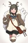  1girl absurdres animal_costume antlers black_hair black_skirt blush boots brown_footwear brown_mittens cropped_legs feet_out_of_frame fubuki_(kancolle) fubuki_kai_ni_(kancolle) fur-trimmed_boots fur_trim green_eyes highres kantai_collection long_sleeves looking_at_viewer ma_rukan mittens open_mouth pleated_skirt reindeer_antlers reindeer_costume short_hair signature simple_background skirt smile solo thigh_boots white_background 
