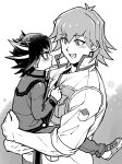  2boys absurdres age_difference aged_down black_hair blush bruno_(yu-gi-oh!) carrying carrying_person child clothes_grab commentary_request embarrassed fudou_yuusei greyscale high_collar highres holding jacket male_focus monochrome multicolored_hair multiple_boys open_clothes open_jacket open_mouth pants screentones shirt shoes short_hair sleeves_rolled_up smile sneakers spiky_hair standing streaked_hair youko-shima yu-gi-oh! yu-gi-oh!_5d&#039;s 