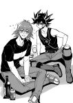  2boys absurdres alcohol angry beer belt black_hair blush boots bruno_(yu-gi-oh!) crossed_legs cup denim drunk facial_mark facial_tattoo fudou_yuusei greyscale grin hand_on_floor hand_on_own_leg highres holding holding_cup jeans knee_boots knee_pads male_focus marking_on_cheek monochrome multicolored_hair multiple_boys on_floor pants shirt shoes short_hair sitting smile sneakers spiky_hair streaked_hair t-shirt tank_top tattoo youko-shima yu-gi-oh! yu-gi-oh!_5d&#039;s 