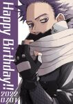  1boy black_gloves black_jacket boku_no_hero_academia covered_mouth dated fingerless_gloves gloves grey_scarf happy_birthday highres jacket long_sleeves looking_at_viewer male_focus purple_hair rnuyvm scarf shinsou_hitoshi short_hair solo violet_eyes white_background 