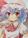  1girl ascot bat_wings blue_hair enruchan frilled_sleeves frills hat hat_ribbon mob_cap pink_headwear pink_shirt puffy_short_sleeves puffy_sleeves red_eyes remilia_scarlet ribbon shirt short_hair short_sleeves simple_background solo touhou traditional_media upper_body white_background wings wrist_cuffs 