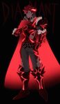  1boy absurdres armor black_background black_gloves cape closed_mouth diamant_(fire_emblem) fire_emblem fire_emblem_engage full_body fur_trim gloves high_collar highres limited_palette looking_to_the_side male_focus red_cape red_eyes redhead shoulder_armor solo yoi0763 