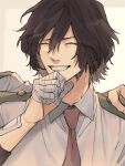  1boy bandaged_arm bandaged_hand bandages black_hair boku_no_hero_academia closed_eyes collared_shirt eraser_head_(boku_no_hero_academia) facing_another grey_shirt grin hand_on_another&#039;s_shoulder highres laughing male_focus necktie red_necktie rnuyvm shirt short_hair simple_background smile solo_focus upper_body white_background 