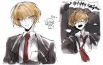  1boy black_coat blonde_hair coat collared_shirt limbus_company luull multiple_views necktie open_mouth parted_lips project_moon red_necktie screaming shirt simple_background sinclair_(project_moon) upper_body white_background white_shirt yellow_eyes 