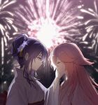  2girls animal_ears blunt_bangs chinese_commentary closed_eyes closed_mouth commentary face-to-face fireworks genshin_impact hair_between_eyes hair_down hair_ornament hair_up hand_on_another&#039;s_cheek hand_on_another&#039;s_face highres japanese_clothes kimono kis7908992 mole mole_under_eye multiple_girls night night_sky outdoors pink_hair pink_kimono purple_hair purple_kimono raiden_shogun sky violet_eyes yae_miko yuri 
