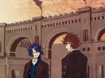  2boys alcryst_(fire_emblem) asymmetrical_hair blue_hair brothers castle closed_eyes clouds cloudy_sky diamant_(fire_emblem) fire_emblem fire_emblem_engage hair_ornament hairclip highres jacket looking_at_another multiple_boys official_alternate_costume open_clothes open_jacket open_mouth orange_sky redhead shirt short_hair siblings sky smile white_shirt yoi0763 