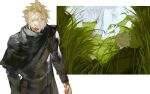  2boys alternate_costume alternate_universe arm_armor armor black_armor black_cape blonde_hair blood blood_on_face blood_on_hands blue_eyes borderless_panels bracer breastplate cape centaur cloud_strife colored_skin commentary day fantasy final_fantasy final_fantasy_vii foliage grass highres knight light_smile long_hair lying male_focus multiple_boys multiple_views nipples on_grass outdoors parted_lips sephiroth short_hair smile spiky_hair standing symbol-only_commentary tall_grass taur topless_male unicorn white_hair white_skin xscr1205 