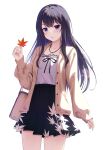  1girl autumn_leaves bag black_hair blue_eyes blush dress handbag highres holding holding_leaf idoly_pride jacket jewelry leaf leaf_print long_hair looking_at_viewer miyar2d2 nagase_kotono necklace open_mouth simple_background skirt solo white_background 