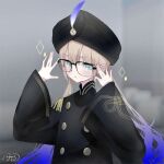  1boy :/ absurdres adjusting_eyewear bespectacled black_headwear black_jacket blue_eyes blue_hair blurry blurry_background blush brown_hair buttons captain_nemo_(fate) commentary_request diamond_(shape) double-breasted epaulettes fate/grand_order fate_(series) fringe_trim gaur_(gaur753) glasses gold_trim gradient_hair grey_background hands_up hat_feather high_collar highres ibispaint_(medium) jacket long_hair long_sleeves looking_at_viewer low_twintails male_focus multicolored_hair nemo_(fate) signature solo turban twintails upper_body 
