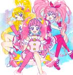  3girls :d ahoge aida_mana blonde_hair blue_eyes boots bow brooch choker cure_heart cure_melody cure_star dokidoki!_precure dress earrings eyelashes frills hair_ornament hand_up heart heart_brooch heart_hair_ornament high_ponytail hoppetoonaka3 hoshina_hikaru houjou_hibiki jewelry long_hair looking_at_viewer magical_girl midriff multiple_girls open_mouth pink_bow pink_choker pink_dress pink_eyes pink_hair pink_skirt pink_sleeves pink_thighhighs planet_hair_ornament ponytail precure ribbon simple_background single_thighhigh skirt smile star_(symbol) star_choker star_hair_ornament star_twinkle_precure suite_precure thigh-highs twintails 