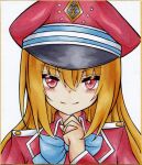  1girl blonde_hair blue_bow blush bow closed_mouth commentary_request dakkusu hair_between_eyes hand_up hat highres hikikomari_kyuuketsuki_no_monmon jacket long_hair looking_at_viewer marker_(medium) peaked_cap photo_(medium) red_eyes red_headwear red_jacket smile solo terakomari_gandezblood traditional_media upper_body 