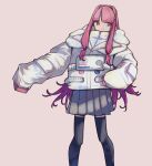  1girl absurdres alternate_costume amagishiki apollo_(neutrino) black_thighhighs closed_mouth coat commentary_request feet_out_of_frame grey_skirt hair_intakes hand_on_own_hip highres kotonoha_akane long_hair long_sleeves looking_at_viewer low-tied_sidelocks outstretched_arm pink_background pink_hair pleated_skirt puffy_coat red_eyes sidelocks simple_background skirt sleeves_past_fingers sleeves_past_wrists smile smirk solo spacesuit standing thigh-highs voiceroid white_coat 
