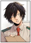  1boy bags_under_eyes black_eyes black_hair boku_no_hero_academia border collared_shirt eraser_head_(boku_no_hero_academia) folder hair_between_eyes holding holding_folder looking_at_viewer male_focus messy_hair necktie parted_lips red_necktie rnuyvm shirt short_hair solo upper_body white_border window 