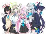  5girls absurdres ahoge animal_ear_fluff animal_ears ayane_(blue_archive) balaclava black_hair blazer blue_archive blue_eyes blue_halo blue_jacket blue_necktie blue_scarf breast_pocket breasts cat_ears collared_shirt cross cross_hair_ornament dr_yamero extra_ears fingerless_gloves foreclosure_task_force_(blue_archive) glasses gloves green_eyes green_gloves green_halo grey_hair hair_between_eyes hair_bun hair_ornament halo heterochromia high-waist_skirt highres hoshino_(blue_archive) id_card inverted_cross jacket large_breasts light_brown_hair long_hair long_sleeves looking_at_viewer medium_hair miniskirt mismatched_pupils multiple_girls necktie nonomi_(blue_archive) open_clothes open_jacket open_mouth pink_hair pink_halo plaid plaid_skirt pleated_skirt pocket pointy_ears red-framed_eyewear red_eyes red_halo scarf school_uniform serika_(blue_archive) shiroko_(blue_archive) shirt shirt_tucked_in short_hair simple_background single_glove single_hair_bun single_side_bun skirt smile striped striped_scarf swept_bangs twintails very_long_hair white_background white_shirt wolf_ears yellow_eyes 