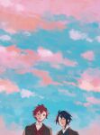  2boys alcryst_(fire_emblem) asymmetrical_hair blue_hair brothers closed_eyes clouds cloudy_sky diamant_(fire_emblem) fire_emblem fire_emblem_engage hair_ornament hairclip highres jacket male_focus multiple_boys official_alternate_costume open_mouth red_eyes redhead shirt siblings sky smile white_shirt yoi0763 