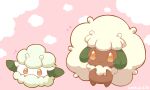  2027_(submarine2027) blush brown_eyes closed_mouth commentary_request cottonee dated evolutionary_line green_horns hands_up heart horns looking_at_viewer no_humans pink_background pokemon pokemon_(creature) simple_background smile two-tone_background whimsicott white_background 