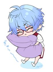  1boy :&lt; asajimags blue_hair blush_stickers chibi closed_eyes full_body glasses gym_uniform himuro_inori hugging_object male_focus no_shoes pillow pillow_hug red-framed_eyewear red_shorts shirt short_hair short_sleeves shorts signature simple_background socks soles solo tokimeki_memorial tokimeki_memorial_girl&#039;s_side_4th_heart white_background white_shirt white_socks 