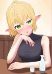  1girl black_shirt blonde_hair blurry blurry_background blush breasts choko_(cup) chromatic_aberration closed_mouth commentary_request commentary_typo cup expressionless green_eyes half_updo head_tilt indoors looking_at_viewer medium_bangs medium_breasts mirori_no_happa mizuhashi_parsee nose_blush pointy_ears shirt short_hair short_ponytail sleeveless sleeveless_shirt solo table tokkuri tongue tongue_out touhou upper_body 