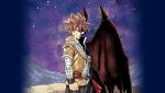  1boy belt clenched_hand closed_mouth demon_wings dragon_boy dragon_horns fairy_tail half-human highres horns male_focus mashima_hiro natsu_dragneel night night_sky red_belt red_eyes redhead scales scarf serious shoulder_tattoo single_wing sky solo spiky_hair standing star_(sky) starry_sky striped striped_scarf tattoo white_scarf wings 