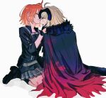  2girls ahoge belt black_cape black_footwear black_gloves black_jacket blonde_hair blush boots cape chest_harness closed_eyes command_spell commentary_request embarrassed facing_another fang fate/grand_order fate_(series) fujimaru_ritsuka_(female) fujimaru_ritsuka_(female)_(polar_chaldea_uniform) fur-trimmed_cape fur_trim gloves gradient_cape grey_skirt hair_ornament hair_scrunchie hand_on_another&#039;s_cheek hand_on_another&#039;s_face harness heads_together highres jacket jeanne_d&#039;arc_alter_(fate) knee_boots kneeling multiple_girls one_side_up open_mouth orange_hair pleated_skirt profile red_cape scrunchie short_hair simple_background skirt sleeves_past_elbows v-shaped_eyebrows white_background yellow_eyes yuri zumu_(quw87) 