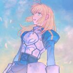  1girl ahoge arms_at_sides artoria_pendragon_(fate) blonde_hair blue_dress blue_sky clenched_teeth clouds commentary_request corset cowboy_shot crying crying_with_eyes_open cuirass dress dutch_angle falling_petals fate/stay_night fate_(series) floating_hair gauntlets glaring green_eyes grimace hair_down hair_over_shoulder highres juliet_sleeves long_hair long_sleeves looking_ahead parted_lips petals puffy_sleeves saber sidelocks sky solo tears teeth v-shaped_eyebrows zumu_(quw87) 