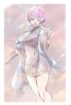  1girl border breasts closed_eyes dog_tags earrings goddess_of_victory:_nikke highres jewelry kyouhanechaou liliweiss_(nikke) pink_hair scarf short_hair smile sweater thighs turtleneck turtleneck_sweater white_border white_scarf 