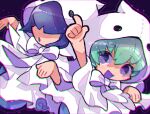  1boy 1girl black_background blue_hair blush bow brother_and_sister chromatic_aberration commentary doradorakingyo ghost_costume ghost_pose green_hair hair_over_eyes hitodama index_finger_raised open_mouth puyopuyo puyopuyo_fever rei_(puyopuyo) short_hair siblings symbol-only_commentary twitter_username violet_eyes white_bow yu_(puyopuyo) 