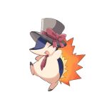  :d bow brown_headwear fire foot_up happy hat hat_bow highres mizu_shiro necktie pokemon pokemon_(creature) red_bow red_necktie simple_background smile solo tie_clip top_hat white_background 