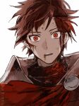  1boy absurdres blood blood_on_face diamant_(fire_emblem) fire_emblem fire_emblem_engage high_collar highres injury looking_at_viewer male_focus open_mouth red_eyes redhead short_hair solo teeth upper_teeth_only white_background yoi0763 