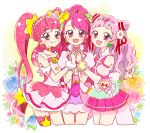  3girls :d ahoge bow choker clover_earrings commentary_request cone_hair_bun cure_grace cure_star cure_yell dress earrings flower four-leaf_clover_earrings hair_bun hair_flower hair_ornament hair_ribbon hanadera_nodoka healin&#039;_good_precure heart heart_hair_ornament heart_pouch hoppetoonaka3 hoshina_hikaru hugtto!_precure jewelry layered_skirt leaf_earrings long_hair looking_at_viewer magical_girl multiple_girls nono_hana open_mouth pink_choker pink_dress pink_eyes pink_hair pink_skirt pom_pom_(cheerleading) precure puffy_sleeves ribbon short_bangs short_sleeves single_thighhigh skirt smile star_(symbol) star_hair_ornament star_twinkle_precure thick_eyelashes thigh-highs twintails 