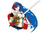  1girl alear_(female)_(fire_emblem) alear_(fire_emblem) blue_eyes blue_hair cape closed_mouth crossed_bangs fire_emblem fire_emblem_engage gloves hair_between_eyes highres holding holding_sword holding_weapon liberation_(fire_emblem) long_hair multicolored_hair red_eyes redhead rod_langhi smile split-color_hair sword tiara two-tone_hair weapon white_background 