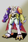  absurdres arm_cannon armor blue_eyes cape digimon digimon_(creature) gradient_background highres horns mas_square no_humans omegamon robot solo spikes standing weapon 