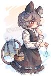  1girl animal animal_ears artist_name basket black_dress blush character_name closed_mouth dress from_side grey_hair highres jewelry long_sleeves mame_komari mouse mouse_ears mouse_tail nazrin pendant profile red_eyes short_hair signature solo tail touhou twitter_username 
