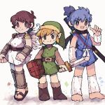  3boys angel angel_wings belt blue_hair boots brown_footwear brown_hair character_request commission donbe full_body green_headwear highres holding holding_shield holding_sword holding_weapon katana kid_icarus kid_icarus_(nes) link male_focus multiple_boys pit_(kid_icarus) pointy_ears scarf shield shin_onigashima skeb_commission smile standing sword the_legend_of_zelda the_legend_of_zelda_(nes) tomatoaaa vambraces weapon wings 