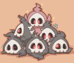  2027_(submarine2027) alternate_color arms_up brown_background closed_eyes commentary_request dogpile duskull flying_sweatdrops looking_at_viewer mask no_humans notice_lines pokemon pokemon_(creature) red_eyes shiny_pokemon simple_background skull_mask sleeping sparkle zzz 