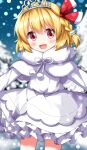  1girl :d alternate_costume blonde_hair blurry blurry_background braid commentary dress fur_trim hair_ribbon highres looking_at_viewer open_mouth outdoors red_eyes red_ribbon ribbon rumia rumia_(between_white_light_and_black_night) ruu_(tksymkw) short_hair side_braid single_braid smile snow solo tiara touhou touhou_lost_word white_dress 