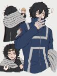  ... 2boys bags_under_eyes bandage_on_face bandages black_hair black_jacket blue_jacket boku_no_hero_academia eraser_head_(boku_no_hero_academia) facial_hair fingerless_gloves gloves goatee goggles goggles_on_head grey_background grey_scarf holding holding_clothes holding_scarf jacket long_sleeves male_focus multiple_boys multiple_views present_mic rnuyvm scarf school_uniform short_hair spoken_ellipsis translation_request 