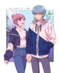  1boy 1girl :d amakura_(am_as) arm_at_side blue_eyes blue_hair blue_jacket blue_pants blurry blurry_background blush casual chikage_(chi_g0) closed_mouth couple cowboy_shot denim drawstring eye_contact glasses grey_hoodie grey_pants hair_bun hair_ornament hairclip hand_in_pocket hetero himuro_inori holding_hands hood hood_down hoodie jacket jeans looking_at_another multicolored_clothes multicolored_jacket open_mouth outside_border pants pink_eyes pink_hair protagonist_(tokimemo_gs4) red-framed_eyewear shirt single_hair_bun smile swept_bangs tokimeki_memorial tokimeki_memorial_girl&#039;s_side_4th_heart two-tone_jacket white_jacket white_shirt 