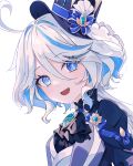  1girl :d absurdres ahoge ascot black_ascot blue_brooch blue_eyes blue_headwear blue_jacket furina_(genshin_impact) genshin_impact hat highres jacket looking_at_viewer multicolored_hair open_mouth sidelocks simple_background smile solo streaked_hair top_hat two-tone_hair wcts3725 white_background 