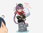  2girls akebono_(kancolle) beret brown_thighhighs capelet commentary_request fur-trimmed_capelet fur_trim green_headwear green_skirt hair_ribbon hat ice_skates kantai_collection long_hair machinery multiple_girls purple_hair red_capelet ribbon saiguchi_otoufu side_ponytail simple_background skates skirt smokestack solo_focus stuffed_animal stuffed_cat stuffed_toy thigh-highs translation_request ushio_(kancolle) very_long_hair violet_eyes white_background 