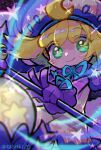  1girl amitie_(puyopuyo) blonde_hair blue_ribbon capelet chromatic_aberration closed_mouth commentary crescent crescent_hair_ornament doradorakingyo facial_mark gloves green_eyes hair_ornament holding holding_staff lantern long_sleeves looking_at_viewer pink_headwear purple_capelet purple_gloves puyopuyo puyopuyo_fever puyopuyo_quest ribbon short_hair smile solo staff star_(symbol) symbol-only_commentary whisker_markings 