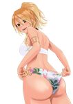  1girl adjusting_clothes adjusting_swimsuit armlet ass back blonde_hair blush breasts brown_eyes choker highres idolmaster idolmaster_shiny_colors izumi_mei large_breasts long_hair looking_at_viewer looking_back open_mouth smile swimsuit tan tanjunde white_background 