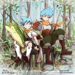  1boy age_difference aged_down aged_up aoimisaka armor artist_name belt blue_eyes blue_hair blush breastplate breath_of_fire breath_of_fire_iii brown_footwear cargo_pants closed_eyes closed_mouth collaboration fish fishing fishing_rod frown grass highres holding holding_fishing_rod leaf looking_at_another male_focus maruno mushroom nature orange_scarf pants puffy_sleeves riverbank rock ryuu_(breath_of_fire_iii) scarf shorts sitting_on_tree_stump sleeveless sleeveless_jacket smile teeth time_paradox tree tree_stump vest water white_footwear 
