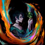  1boy absurdres artist_name black_background black_hair collarbone colorful earrings from_side highres hoaneybee holding holding_paintbrush hwei_(league_of_legends) jewelry league_of_legends long_hair long_sleeves male_focus multicolored_hair oversized_object paintbrush ponytail profile solo streaked_hair wide_sleeves 